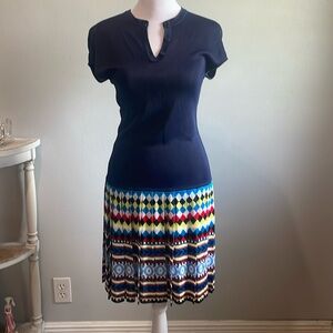 [Mary Katrantzou] Navy Blue Pleated Skirt Knit Dress - Size Medium